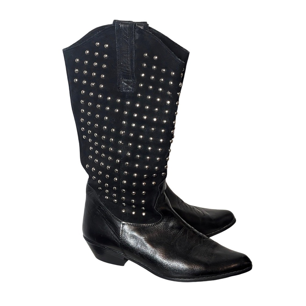 Vintage Black Silver Studded Suede Leather Western Cowboy Boots sz 8.5 Portugal